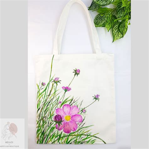 Hand Painted Flower Canvas Tote Bag With Zipper And Pocket Etsy