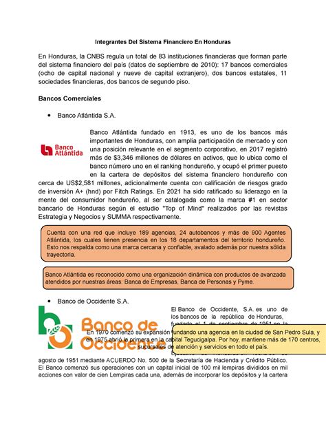 Bancos Integrantes Del Sistema Financiero En Honduras En Honduras La