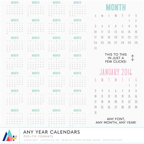 Any Year Calendar Digital Templates Perpetual Calendars Etsy