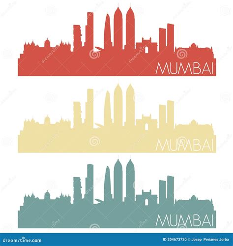 Mumbai India Skyline Silhouette City Stamp Vector Color Vintage Set