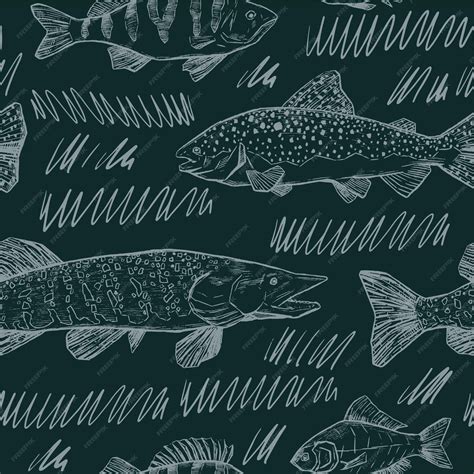 Premium Vector | Trout, perch, pike, crucian ink sketches ornament