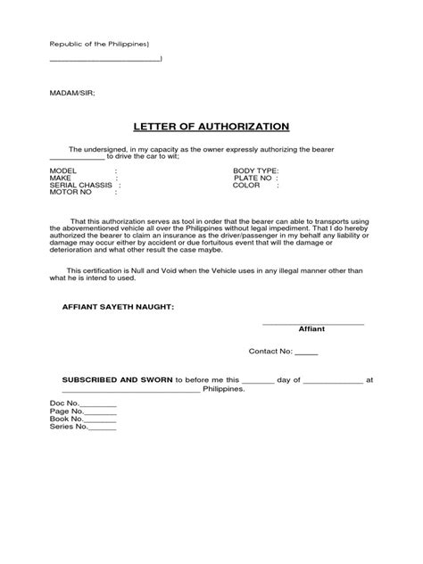 Letter Of Authorization To Drive The Car To Wit Pdf