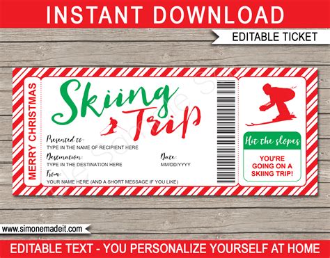 Christmas Skiing Trip Ticket Gift Voucher Editable Printable Template