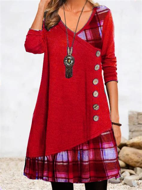 Women Long Sleeve Scoop Neck Plaid Graphic Button Midi Dress