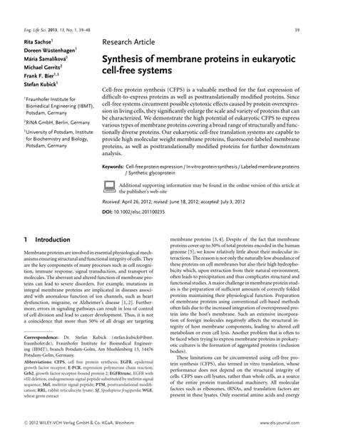 (PDF) Synthesis of membrane proteins in eukaryotic cell-free systems