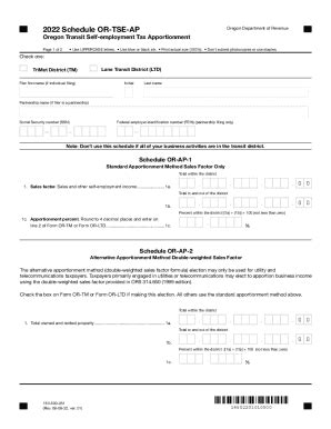 Fillable Online 2022 Schedule OR TSE AP Oregon Transit Self Employment