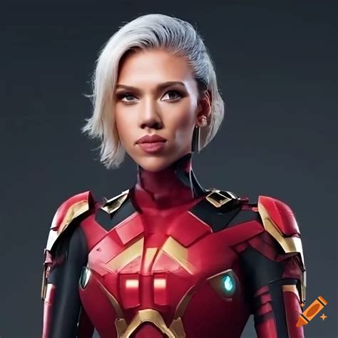 Photorealistic Portrait Of A Woman In Futuristic Red And Gold Armor On