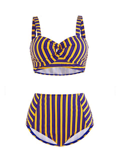 High Waist Cross Front Cutout Striped Bikini Set Rosewe Usd