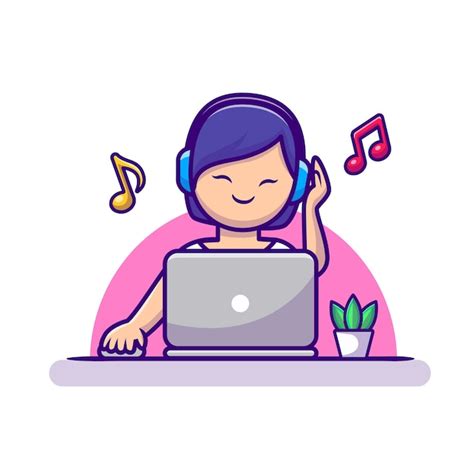 Premium Vector Girl Listening Music With Headphone And Laptop Cartoon Vector Icon Illustration