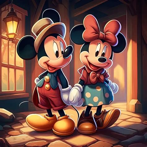 Um casal de Mickey e Minnie Mouse de pé um ao lado do outro imagem