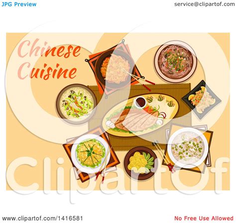 Clipart Of A Table With Chinese Cuisine And Text Royalty Free Vector