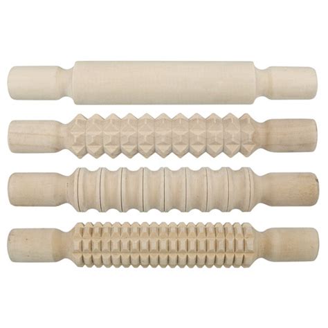 Set of 4 patterned, wooden rolling pins for use with modelling clay and ...