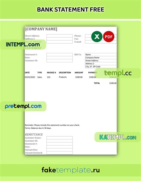 bank statement template, PDF and Excel download template