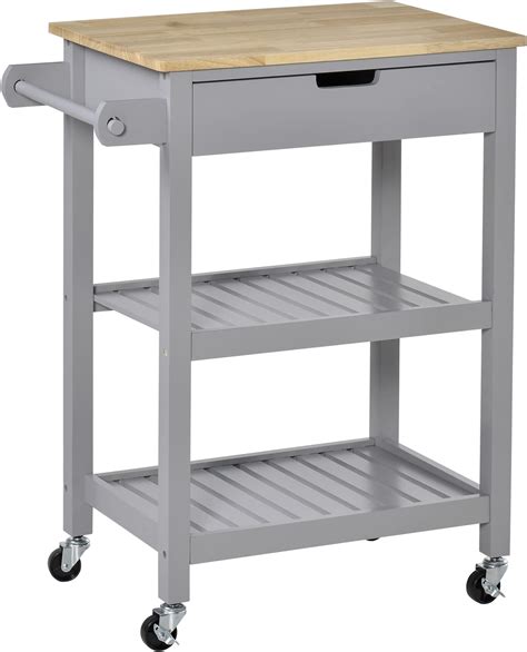 Homcom Rolling Kitchen Cart With Rubber Wood Top Utility Storage Cart