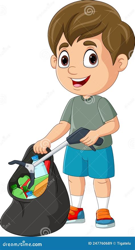 Niño De Caricatura Que Recoge Basura De Plástico Con Palo De Basura Ilustración Del Vector