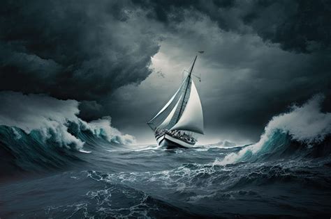 Premium Ai Image Sailing Yacht Against Backdrop Of Raging Sea In