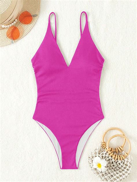 Solid Color Spaghetti Strap One Piece Swimsuit With Straps For Summer Beach Swimming Shein Usa