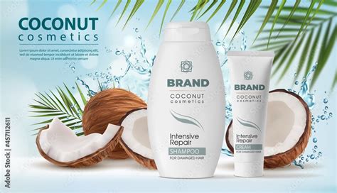 Coconut Cosmetics Shampoo And Cream Packaging In Water Splash Vector