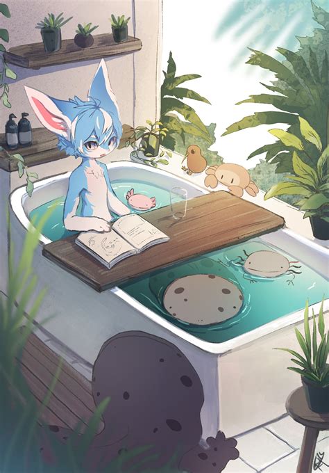 Safebooru 1girl Animal Ears Bath Bathing Bathtub Blue Eyes Blue Hair