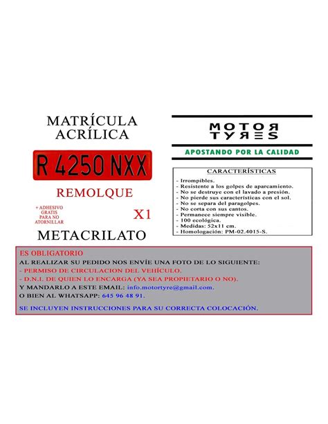 Matrícula Remolque Roja Acrílica Metacrilato18 90