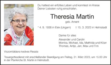 Traueranzeigen Von Theresia Martin Trauerportal Ihrer Tageszeitung