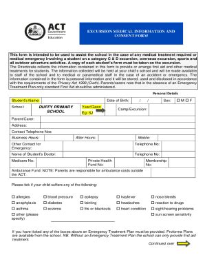 Fillable Online Au Excursion Medical Information And Consent Form