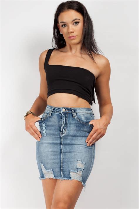 Distressed Denim Mini High Waisted Skirt Uk