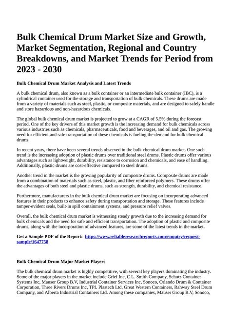 Reportprime - Bulk Chemical Drum Market Size and Growth, Market