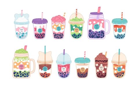 Premium Vector Collection Of Bubble Milk Tea With Tapioca Pearls Boba