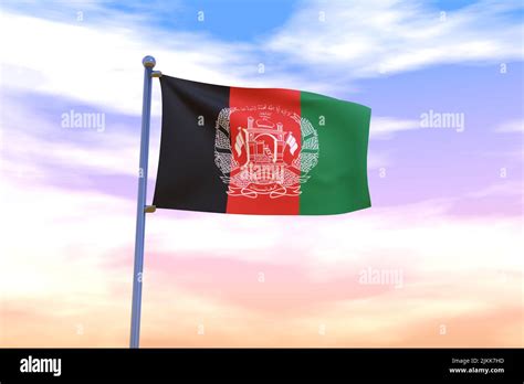 Waving Flag Of Afghanistan With Chrome Flag Pole In Blue Sky Waving In