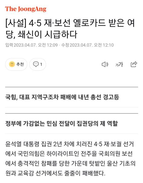 중앙 사설 4·5 재·보선 옐로카드 받은 여당 쇄신이 시급하다 정치시사 에펨코리아