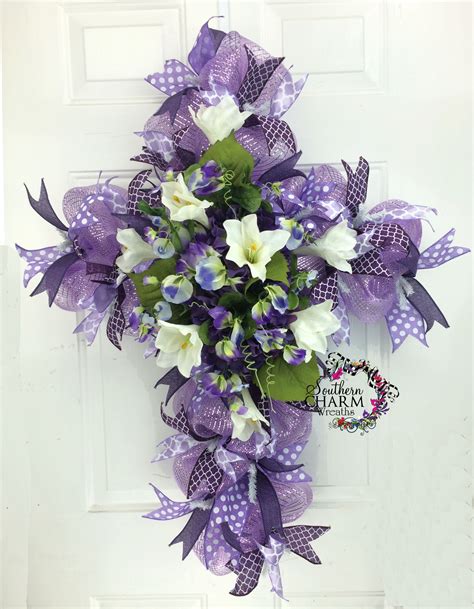 Easter Deco Mesh Cross Wreath With Easter Lilies Hydrangeas And