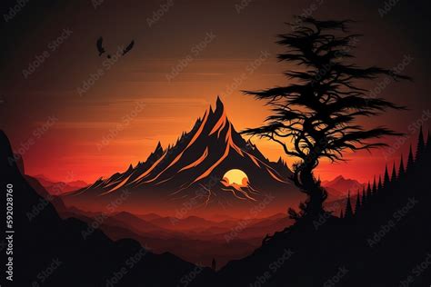 Mountain sunset forest silhouette Beautiful illustration of nature ...