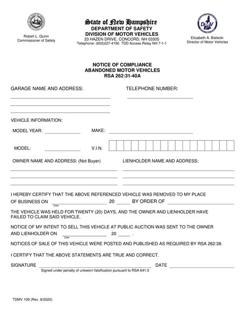 Form Tdmv109 Fill Out Sign Online And Download Fillable Pdf New Hampshire Templateroller