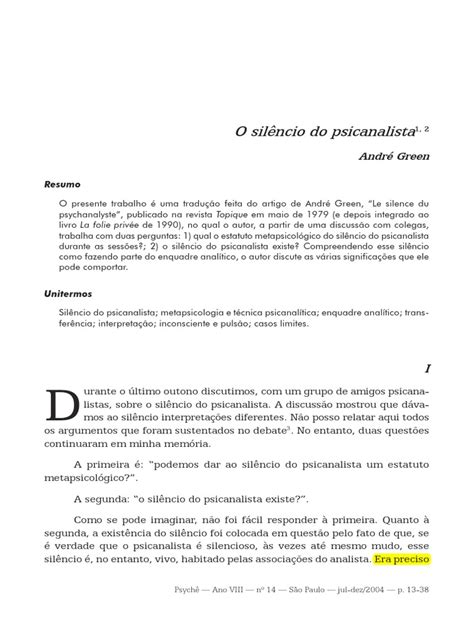 Andre Green O Silencio Do Psicanaista Pdf Sigmund Freud Psicanálise