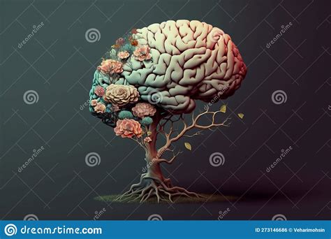 Human Brain Tree With Flowers Self Care And Mental Health Concept