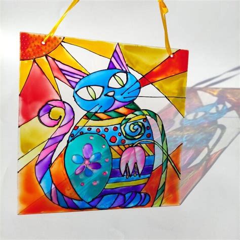 Blue Cat Stained Glass Suncatcher Cat And Flower Stain Glass Etsy