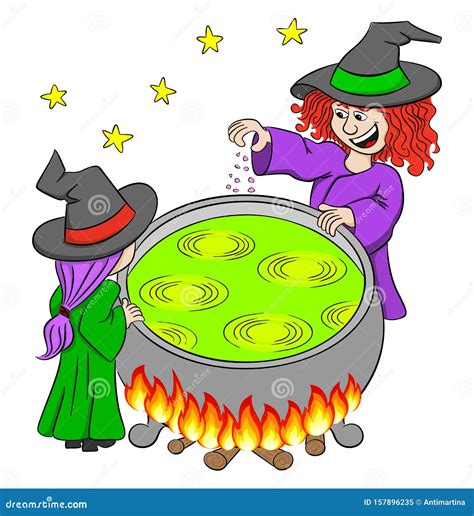 Witches Cooking Bat Soup On Foggy Cemetery Stock Image CartoonDealer