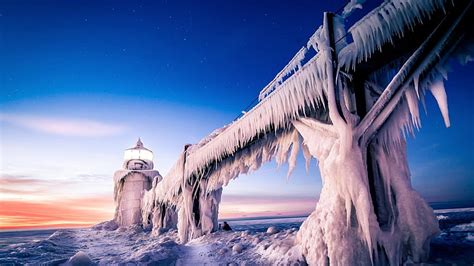 Hd Wallpaper Sky Icicle Night St Joseph North Pier Lighthouse