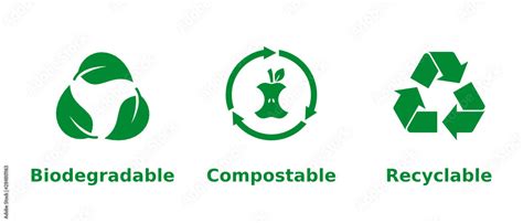 Biodegradable Compostable Recyclable Icon Set Three Green Recycling