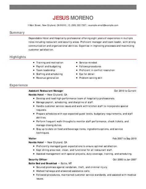 Hospitality Resume Template Free