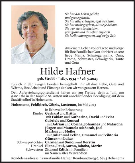 Todesanzeigen Von Hilde Hafner Todesanzeigen Vorarlberger Nachrichten