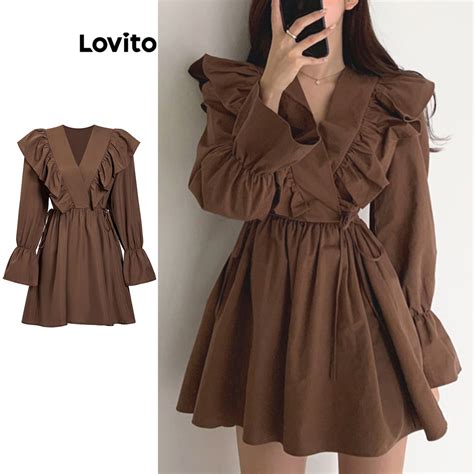 Lovito Casual Plain Lettuce Trim Lace Up Puff Sleeve Dress For Women