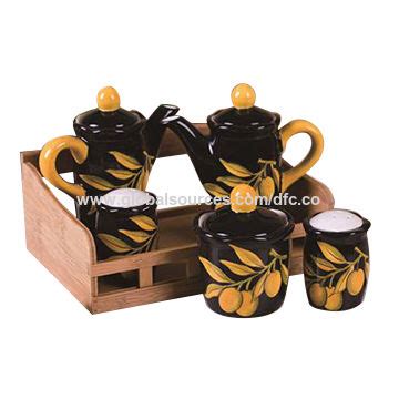 Buy Wholesale China Ceramic Salt Pepper Oil And Vinegar Set With Wooden