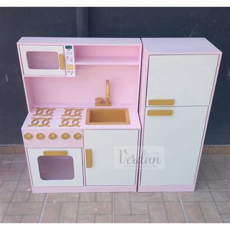 Kit Mini Cozinha Infantil Mdf Completa Geladeira Rosa C Branco