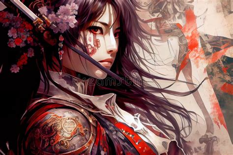 Anime Samurai Girl Portrait Close Up Generative Ai Stock Illustration