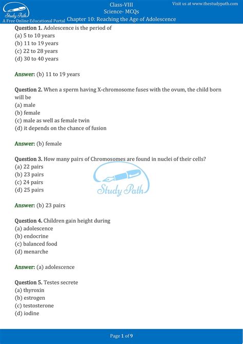 Class Science Chapter Reaching The Age Of Adolescence Mcq With Answers