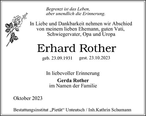 Traueranzeigen Von Erhard Rother Trauer In Thueringen De