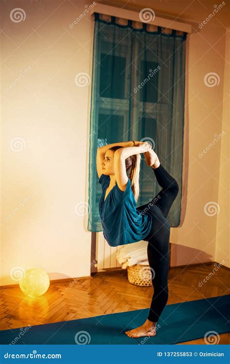 Blonde Woman Doing Dancers Pose In Yoga Exercise Stock Image Image Of