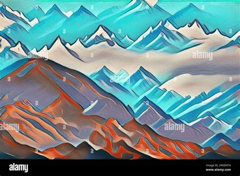 Mountain range with mist and cloud cover drawing Stock Photo - Alamy